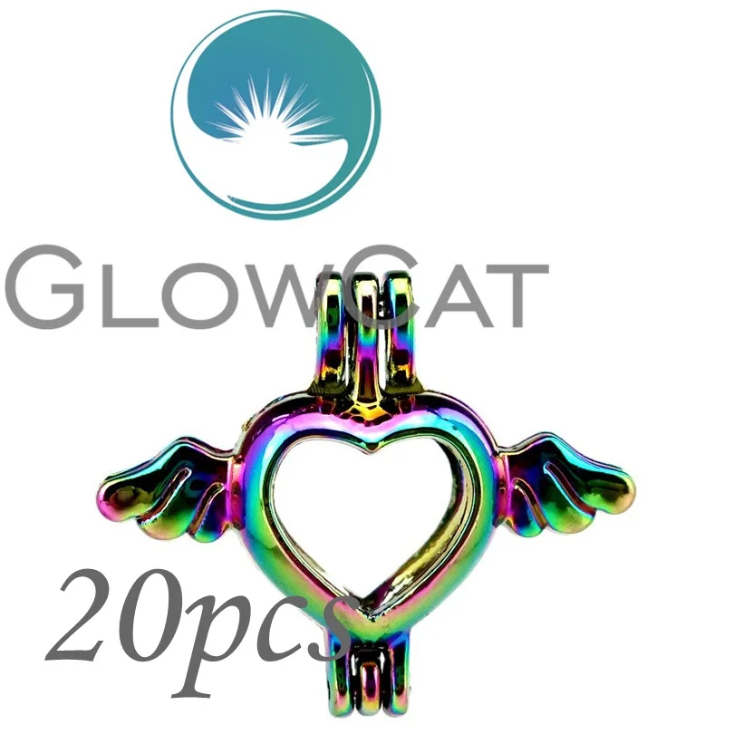 

20x CC59 Rainbow Color Heart Wings Beads Cage Jewelry Making Essential Oil Diffuser Pearl Cage Locket Pendant