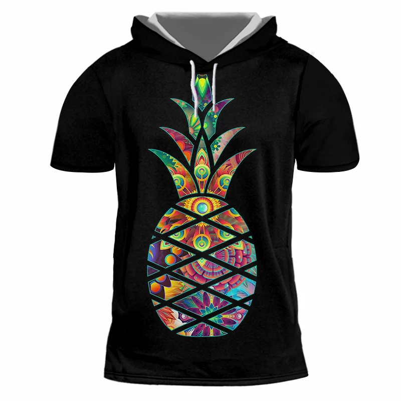 OGKB Black Unisex Hooded Tshirt Funny Print Pineapple 3D T-shirts With Cap Man Bodybuilding Fitness Casual Short Sleeve Hoody | Мужская