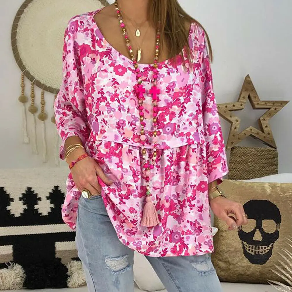 

Женская блузка с длинным рукавом Boho, свободная блузка с цветочным принтом, свободные топы, блузка с круглым вырезом, большие размеры, 2019