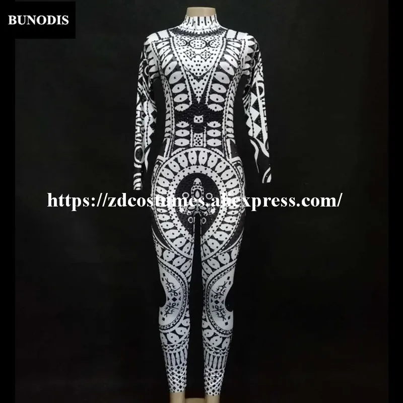 ZD239 Women Sexy Black Jumpsuit Sparkling Crystals Bodysuit 3D Printing White Flower Nightclub Party Stage Wear Performance