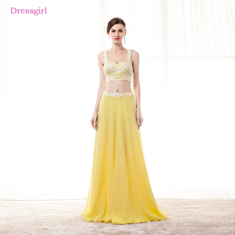 

Yellow Prom Dresses A-line Spaghetti Straps Chiffon Lace Two Pieces Long Women Prom Gown Evening Dresses Robe De Soiree