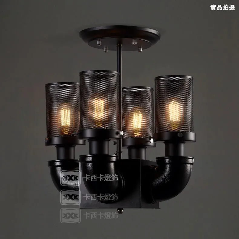 Nordic vintage rural style industry loft black antique iron 4 water pipe ceiling lamps with Edison bulbs in bar or cafe | Лампы и