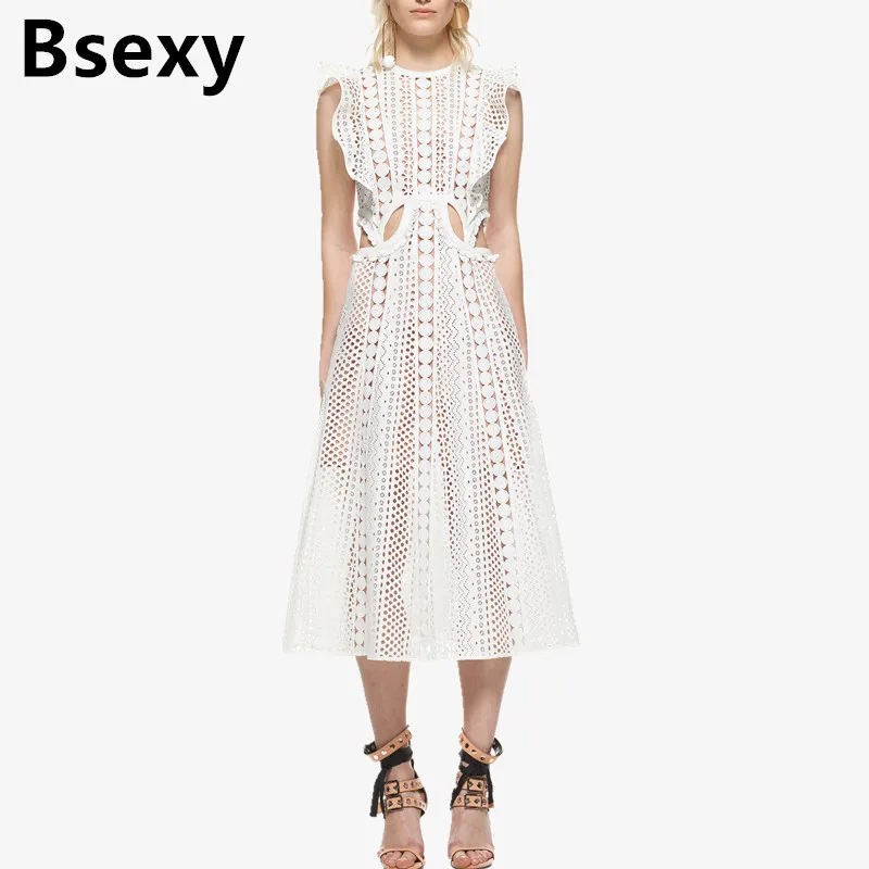 Сексуальный 2017 летний автопортрет белая кружева длинное платье ажурный