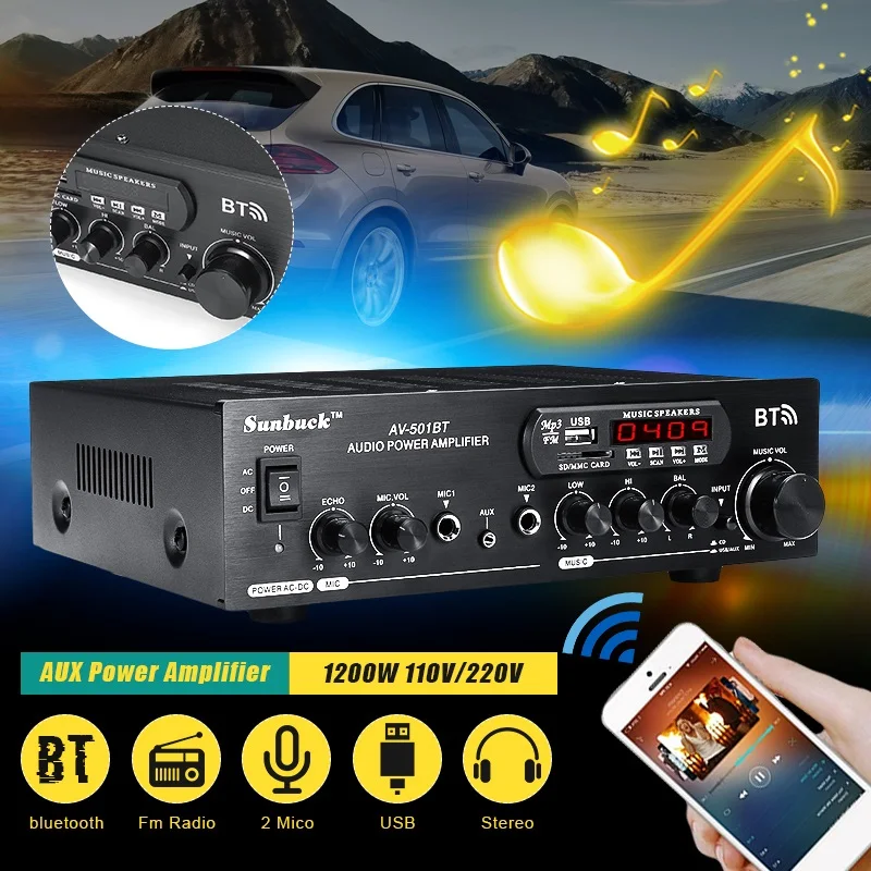 Bluetooth аудио усилитель мощности 1200 Вт 110 В/220 В DC 12 В AUX вход 2,0 hifi динамик 4 микрофона FM USB SD 2 x микрофонный вход