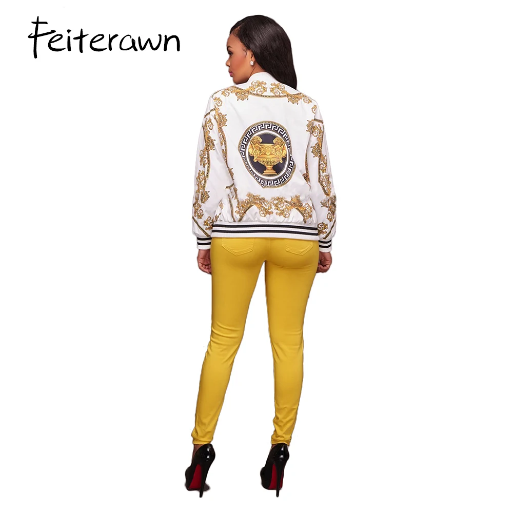 Feiterawn 2018 Autumn Winter Print Slim Jacket White Black Stand Collar Long Sleeve Fashion Jackets Women Zipper Female Tops | Женская