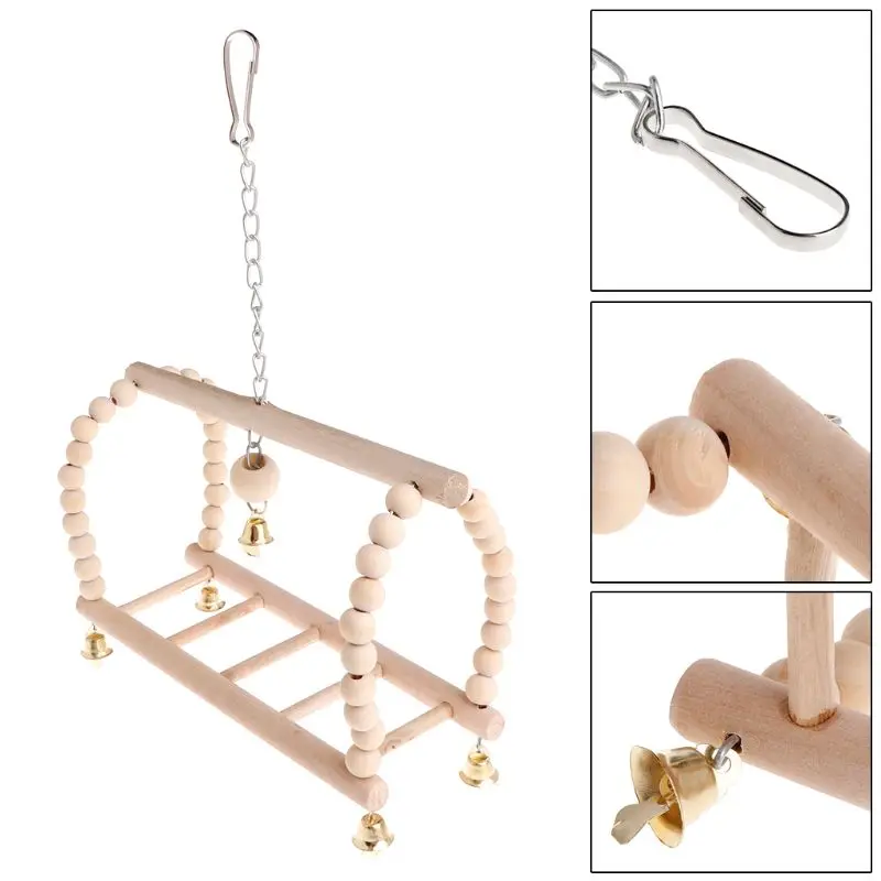 Pet Swing Bridge Natural Wood Parrot Bird Parakeet Hanging Cage Beads Bell Funny Climb Ladder Pendant Supplies Balance Training | Дом и сад