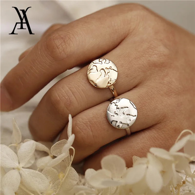 Boho золотое с гравировкой карта мира Земли регулируемое кольцо Bague винтажное для