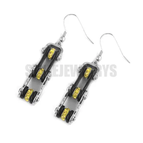 

Wholesale Black Bicycle Chain Earrings Bling Yellow Rhinestone Stainless Steel Jewelry Motor Biker Drop Earrings SJE370118L