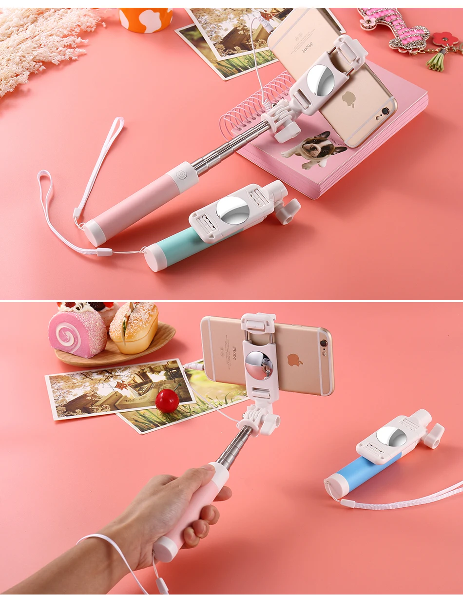 Caseier Милая Мини Проводная селфи-палка для iPhone7 8 X для samsung Xiaomi huawei зеркало, селфи-палка Складная портативная селфи-палка
