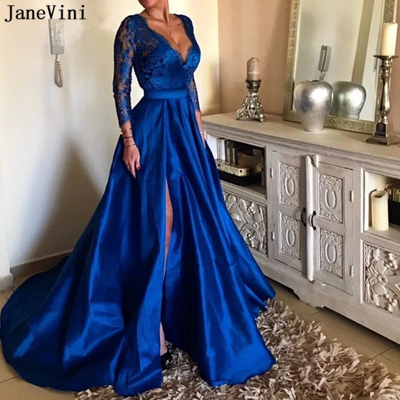 

JaneVini Royal Blue Plus Size Gown Evening Dresses Long Sexy Deep V Neck Lace Sleeve High Split Illusion Satin Gowns Gala Jurken