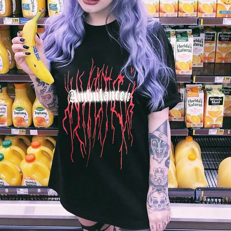 Женская футболка в готическом стиле панк черная свободного покроя с буквенным