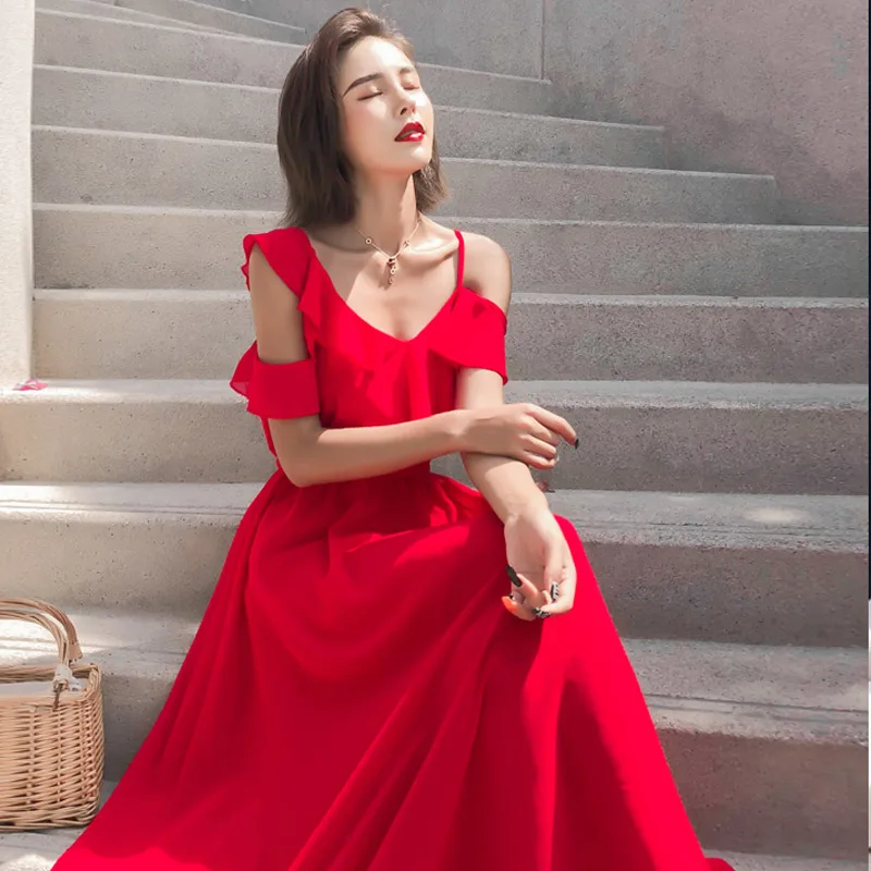 Summe Women Dress 2019 Sexy Bodycon Elegant Boho Maxi Vintage off shoulder v neck beach Casual Club party night Long Red | Женская