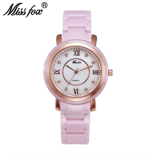 Pink-Rose-Gold MISSFOX Miss Fox брендовые керамические часы для женщин черные водонепроницаемые наручные часы для женщин повседневные кварцевые часы для женщин Relogio Feminino - Цвет: Pink-Rose-Gold