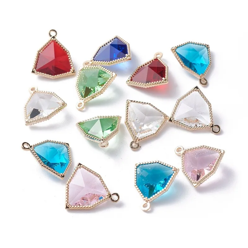 

50pcs 17x14.5x7mm Faceted Triangle Glass Pendants with Environmental Alloy Open Back Berzel Findings,Light Gold Color