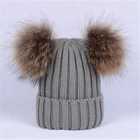 warm raccoon fur ball cap pom pom winter hat for ms hat knitted child beanies acrylic cap brand new thick raccoon fur pompom hat