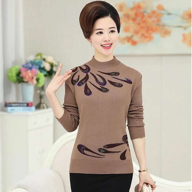 Осенне-зимний теплый вязаный пуловер женский свитер с принтом среднего возраста