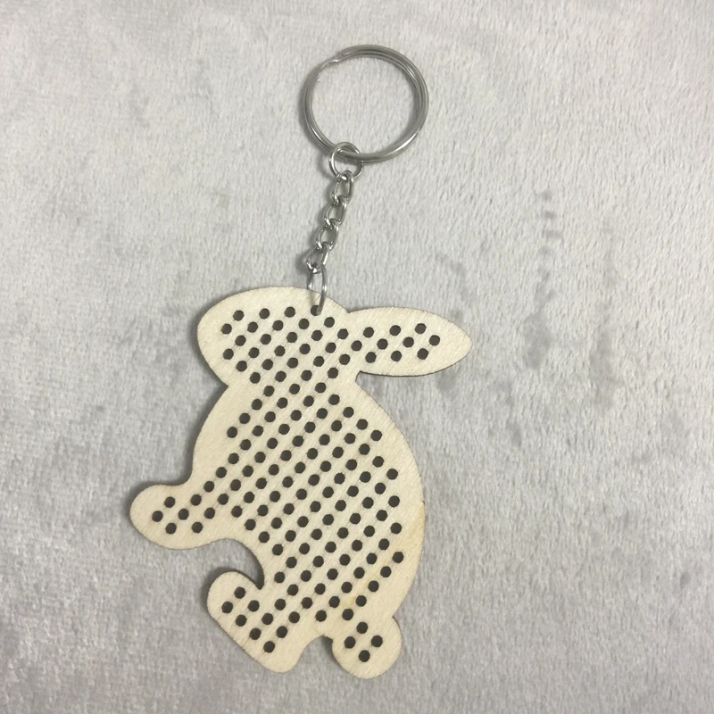

free shipping 10pcs laser cut out rabbit shape wooden keychain cross stitch keyring kit