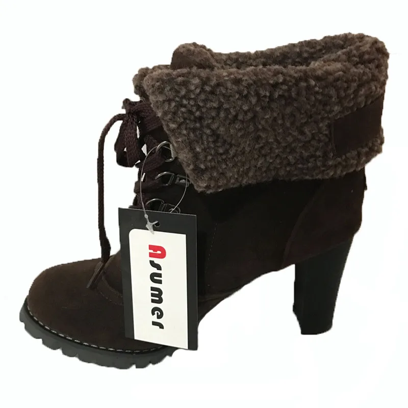 Женские ботильоны на толстом высоком каблуке со шнуровкой и мехом внутри|shoes fashion