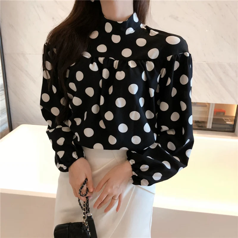 BGTEEVER Elegant Stand Collar Polka Dot Women Blouse Shirt Full Lantern Sleeve Chiffon Female Blouses 2018 Autumn Blusas |