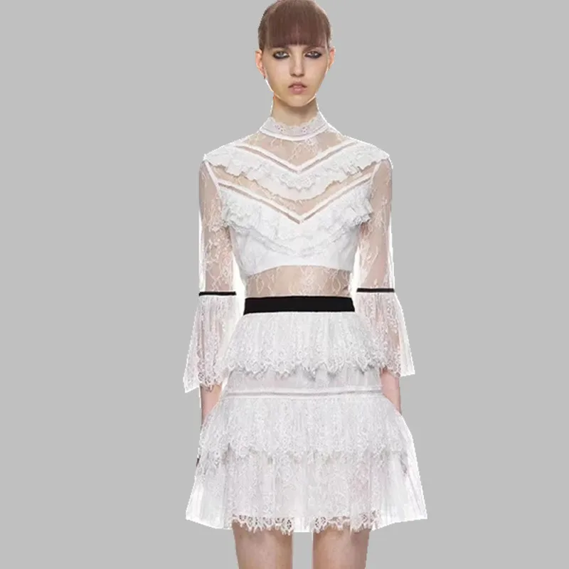 Runway Self Portrait White Lace Women Party Dress 2018 Autumn Patchwork Hollow Out Flare Sleeve Ruffles Slim Holiday | Женская одежда