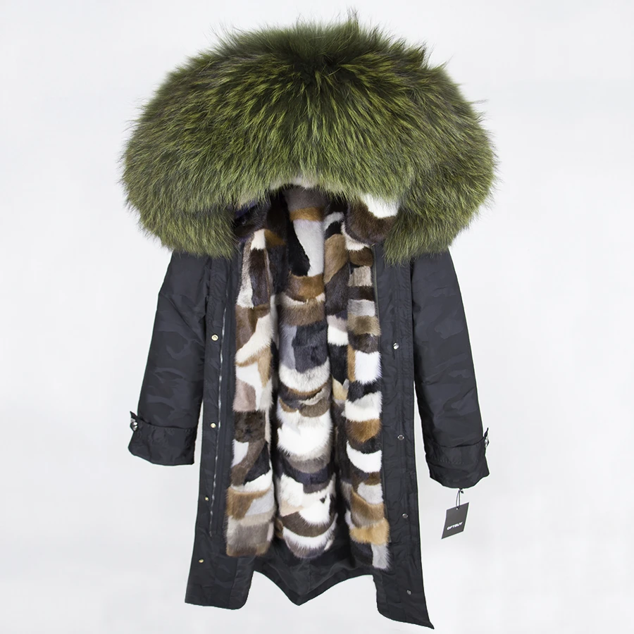 black Camouflage 20 OFTBUY пальто с натуральным мехом, зимняя куртка для женщин, удлиненная Камуфляжная парка, большой воротник из натурального меха енота, капюшон, подкладка из натурального меха норки - Цвет: black Camouflage 20
