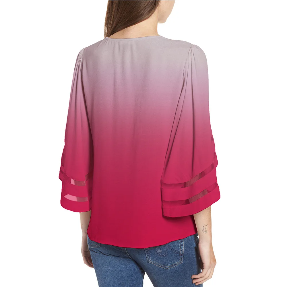 Блузка с рукавами колокольчиками и v образным вырезом цвет синий фиолетовый