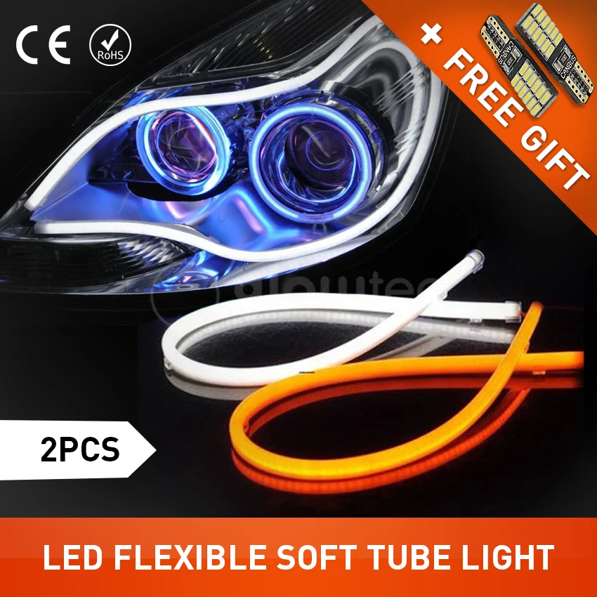 

2x 60cm Day Running Light Universal Flexible Soft Tube Guide Car LED Strip White and Yellow Turn Light GLOWTEC