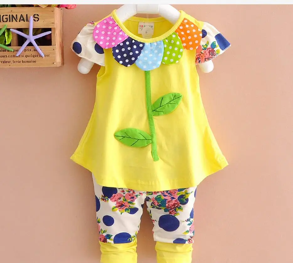 Комплект одежды для маленьких девочек летние футболки с цветочным принтом и