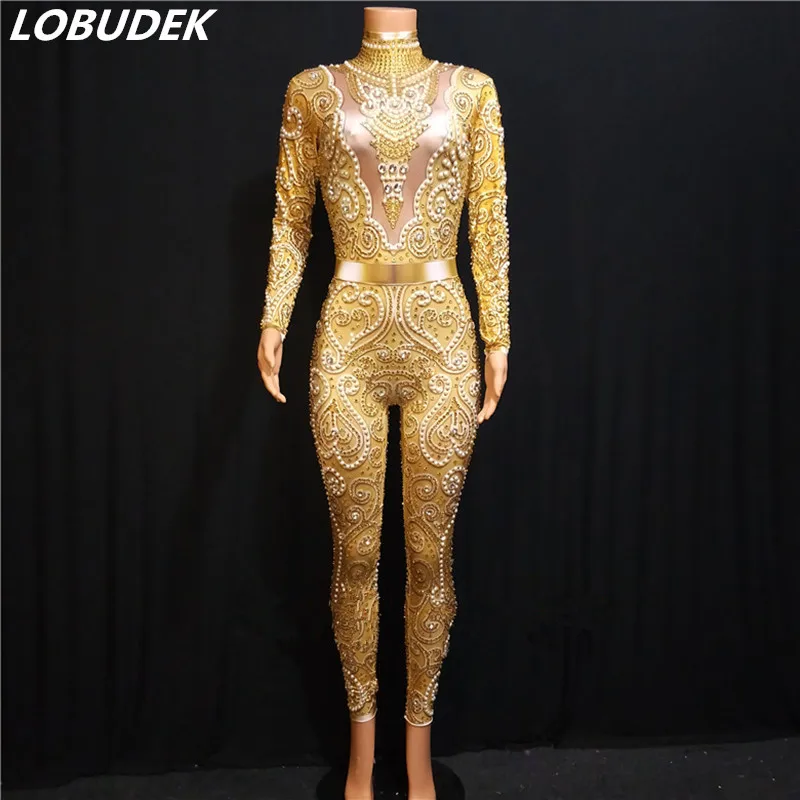 

Gold Yellow Rhinestones Pearls Jumpsuit Elastic Long Sleeve Leotard Rompers Lady Singer Luxury Costume Birthday Party Stage Wear