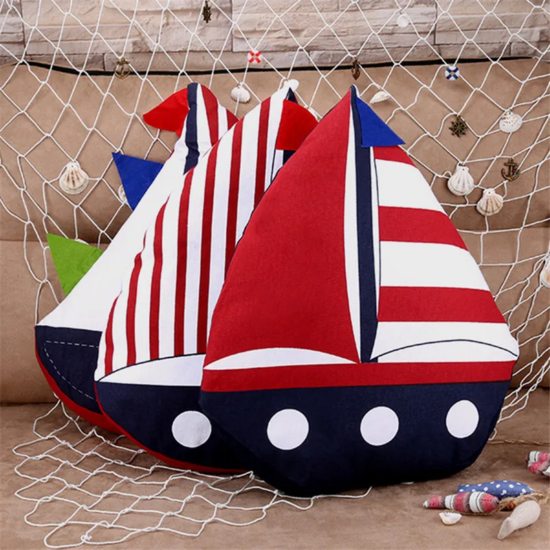 

40cm Mediterranean Style Cushion Sailboat Shape Cotton Linen Pillow Kids Bedroom Decorative Children Birthday Gift