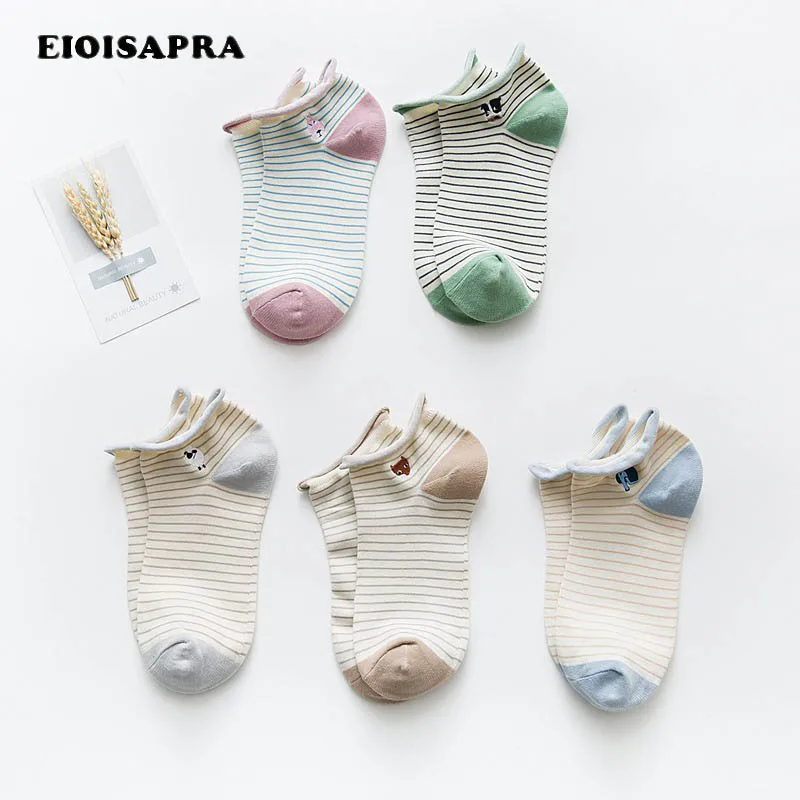 

[EIOISAPRA]Spring/Summer Fashion Lovely Cartoon Cotton Striped Embroidery Socks Women Comfort Breathable Casual Antiskid Socks