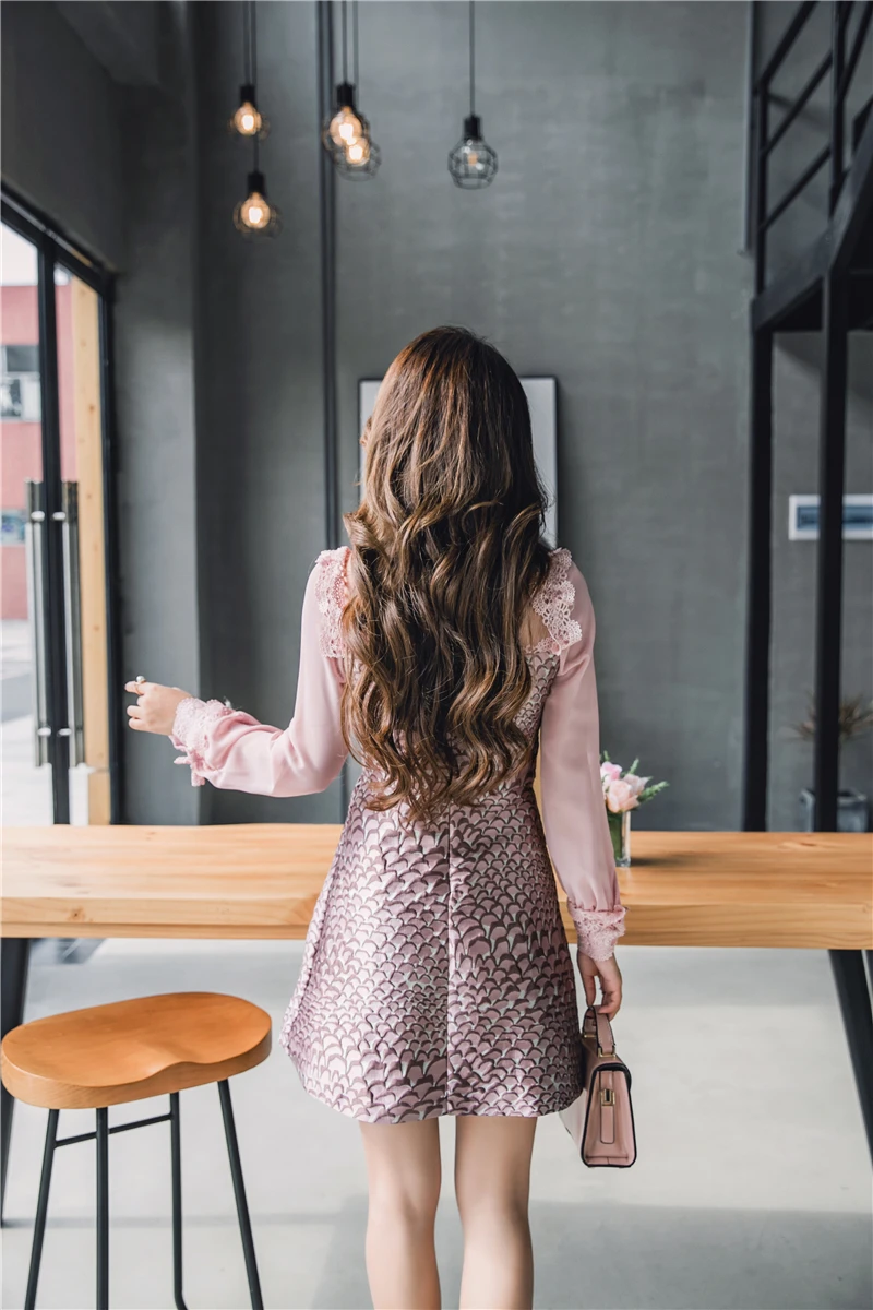 SMTHMA/жаккардовое платье; коллекция года; Vestido; весеннее кружевное винтажное модное розовое платье принцессы в стиле пэчворк с оборками и длинными рукавами