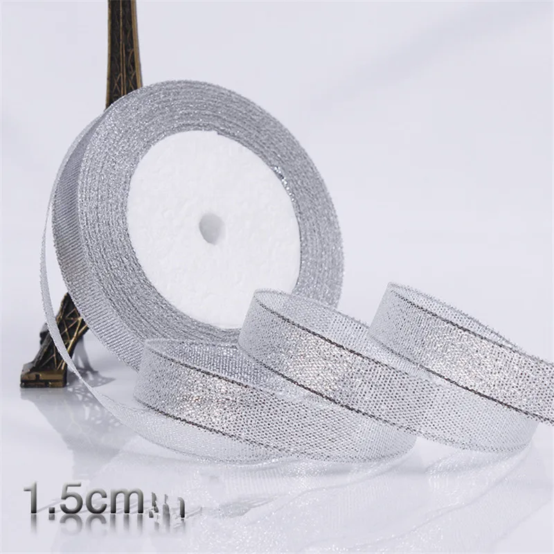 1.5CM Silver Золотой/Серебряный шелковый атлас органза лента 0,6-5 см блестящие вышитые ленты с луком для свадебного торта, подарочные украшения, товары для рукоделия - Цвет: 1.5CM Silver