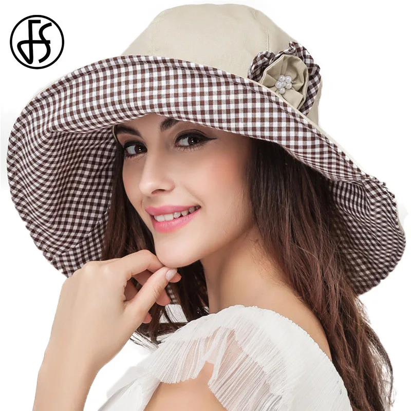 Женская складная летняя шляпа из хлопка FS пляжная от солнца с большими полями