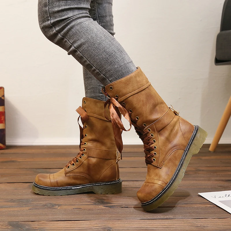 Кожаные сапоги; женские высокие сапоги на шнуровке; сезон осень-зима; Botas; большие размеры 36-43; Zapatos De Mujer