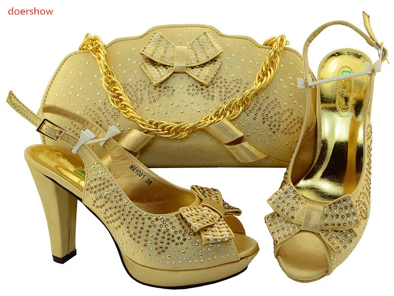 

doershow gold Italian Shoes and Bag Set Decorated with stones Nigerian Shoes and Matching Bags African Wedding Shoes SIU1-21