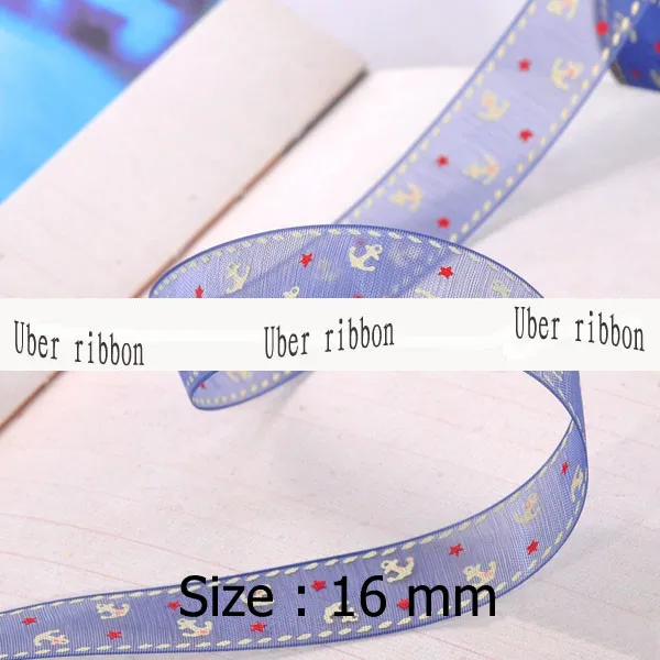 

[IuBuFiGo ribbon] 5/8" (16mm) Fancy Star Anchor Organza Printed Ribbons Sheer Gift Packing Ribbon 100yard/lot Free shipping