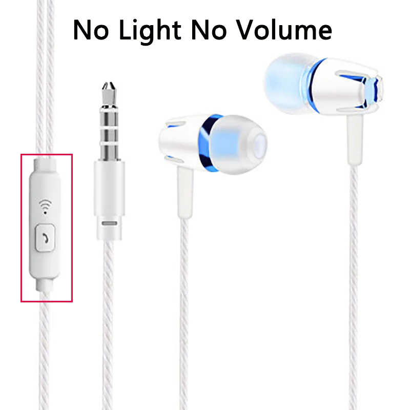 White Blue No Volume Светящийся светильник, наушники для Iphone 6, 6 S, 7, 8 X, samsung, Xiaomi Mi8, huawei, P20 Lite, наушники, 3,5 мм, гарнитура, проводные наушники - Цвет: White Blue No Volume