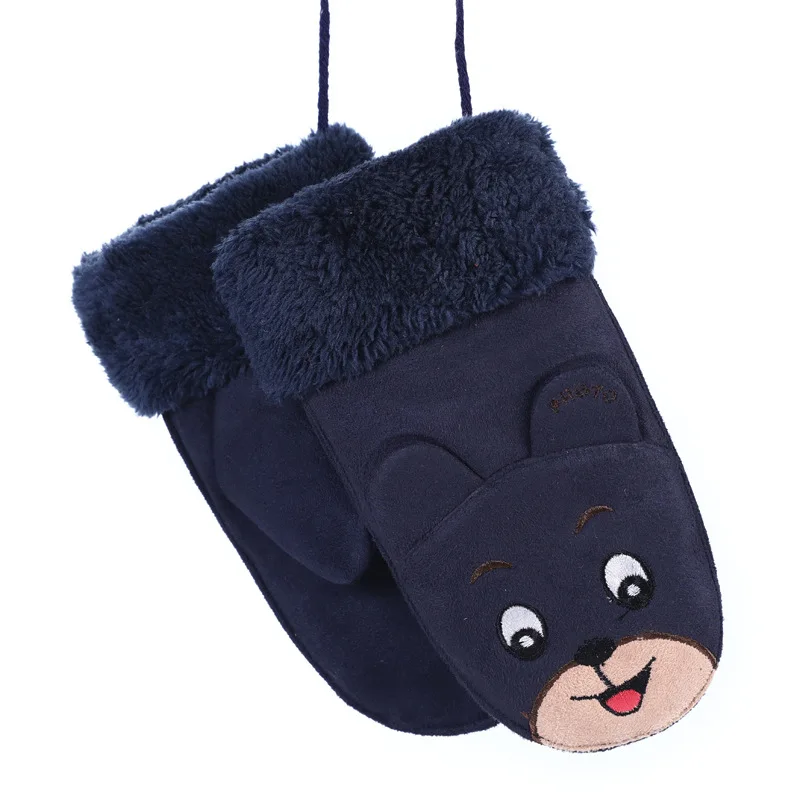 G Dark Blue Модные детские варежки с милым кроликом и медведем из мультфильма для мальчиков и девочек, зимний плюшевый кашемир, толстые теплые замшевые кожаные перчатки 100H - Цвет: G Dark Blue