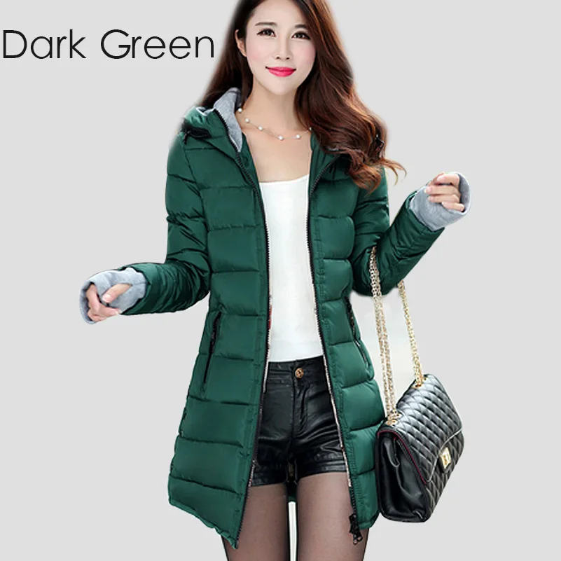 Dark Green Длинное стильное теплое Женское пальто, зимняя модная пуховая хлопковая парка, повседневная куртка с капюшоном, утепленная парка на молнии, хлопковая тонкая верхняя одежда - Цвет: Dark Green