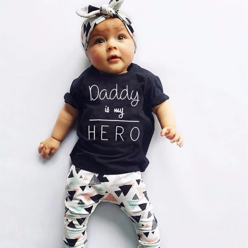 Г., Модный комплект одежды для маленьких девочек, футболка с принтом «Daddy Is My Hero» и штаны головная повязка для новорожденных, одежда для детей от 0 до 24 месяцев