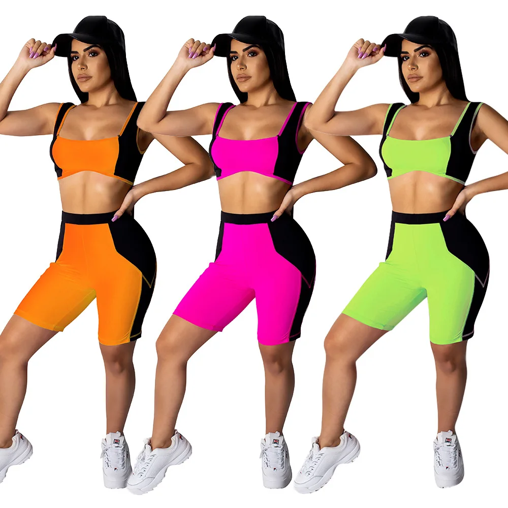 Adogirl women patchwork two pieces sets fluorescent bra tops hot pants casual skinny crop running suits summer |
