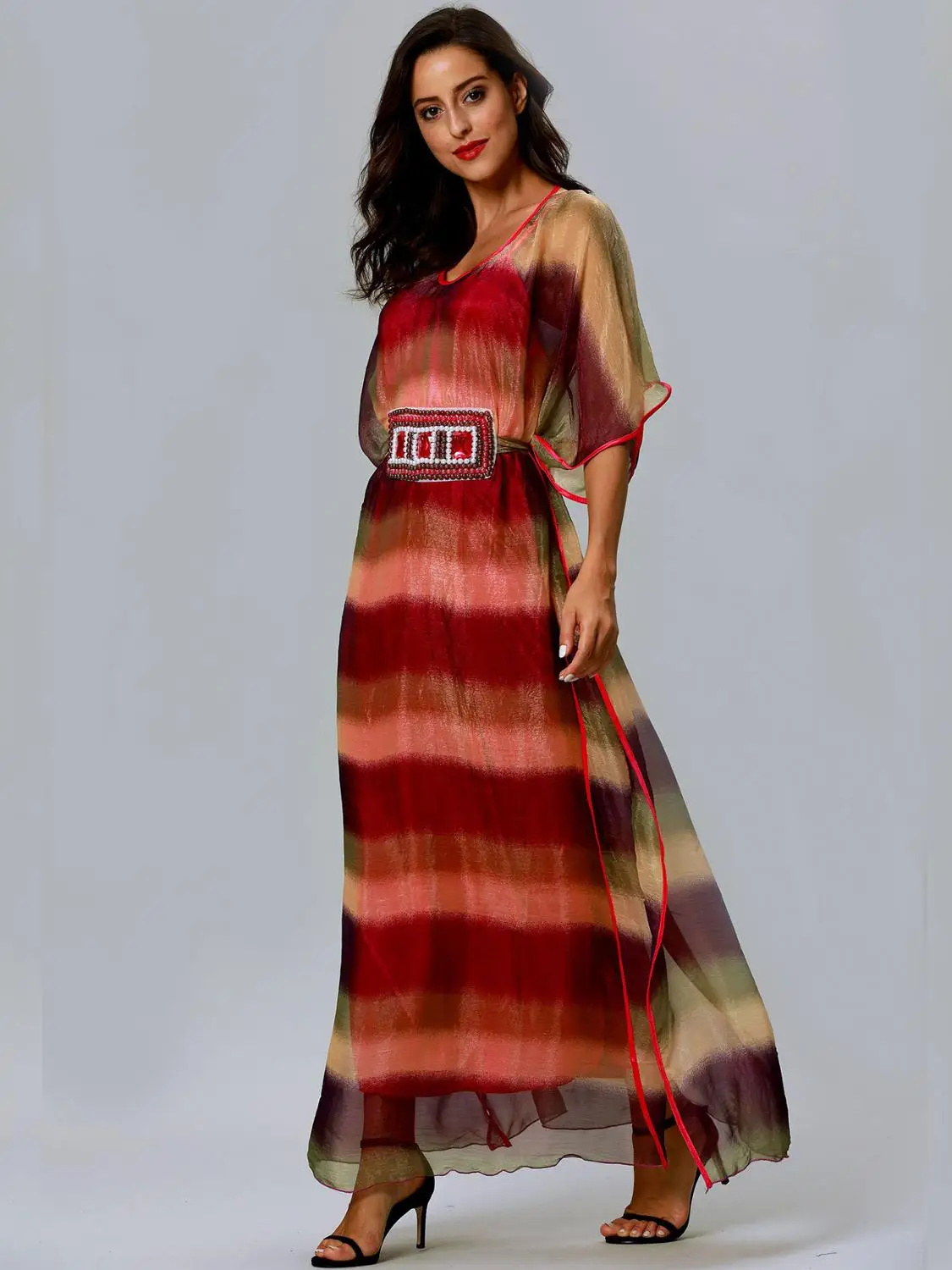 

Rainbow design fashion islamic o neck abaya dress for African Malaysian Middle East women abaya short sleeve chiffon dress