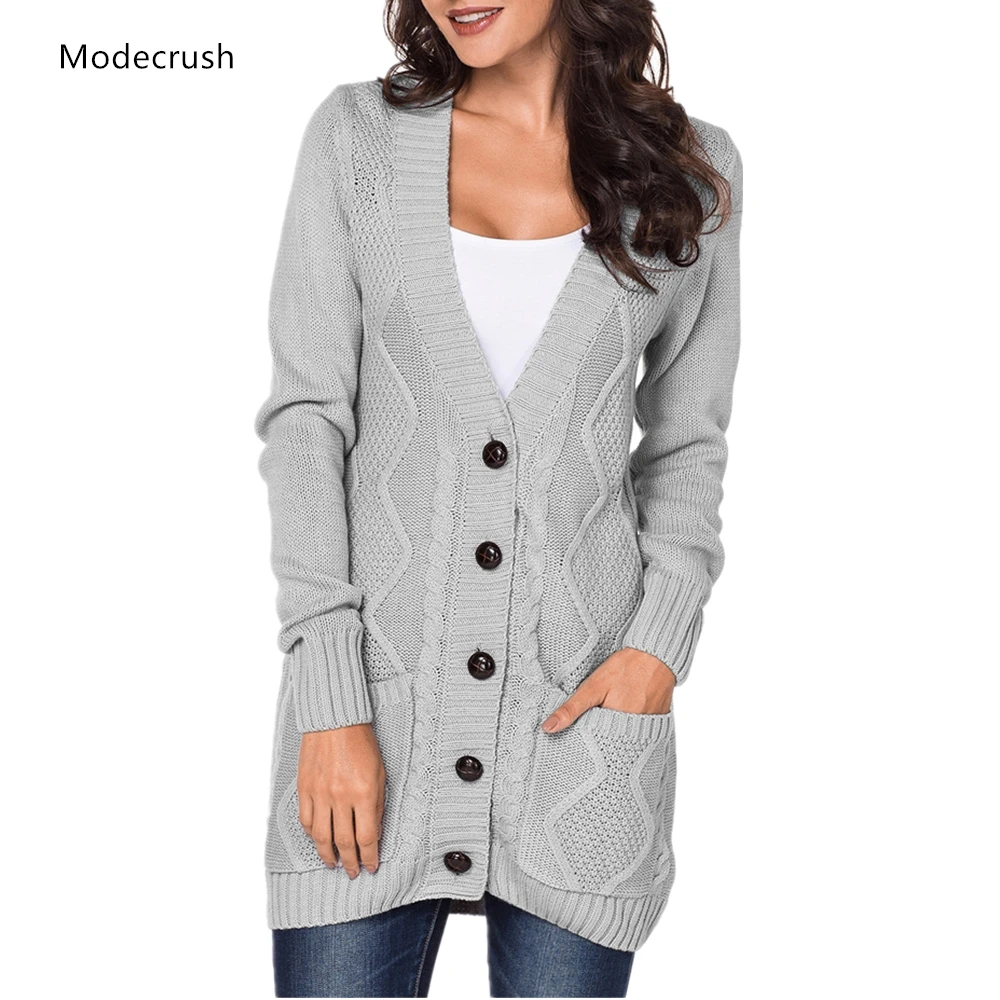 Modecrush Женские однотонные свитер пальто однобортный двойной карман джемпер