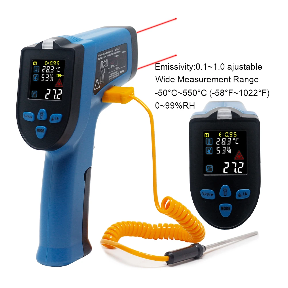 Infrared Thermometer Gun Pyrometer Humidity Meter Digital Thermometer Non-Contact Temperature Monitor for Food Oven Industry