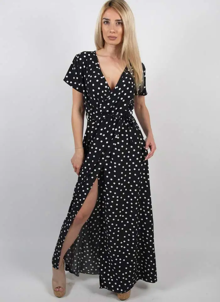 Светолечение. Boho горошек длинные платья Для женщин Разделение короткий рукав Летнее Повседневное платье уличная Черный Макси платье Vestidos
