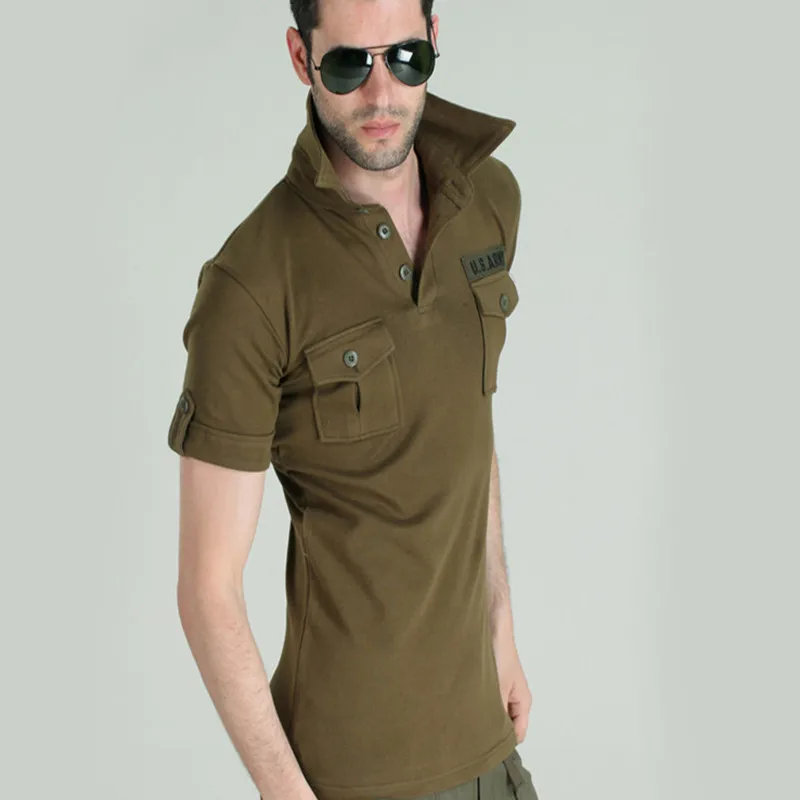 

Summer Mens Army elasticity Tactical camping tops short sleeve Male lapel Quick drying Breathable hiking Clothes sport T-Shirt