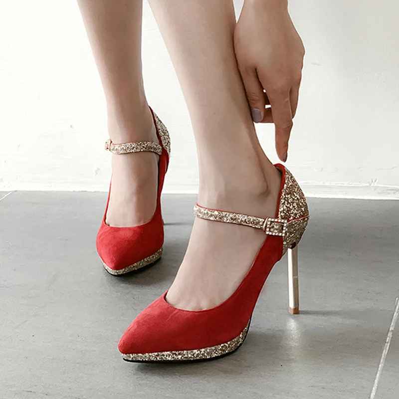 

WETKISS Flock Mary Janes Pumps Women Platform Stiletto Heels High Pumps Pointed Toe Bling Shoes Female Party Shoes Ladies Autumn