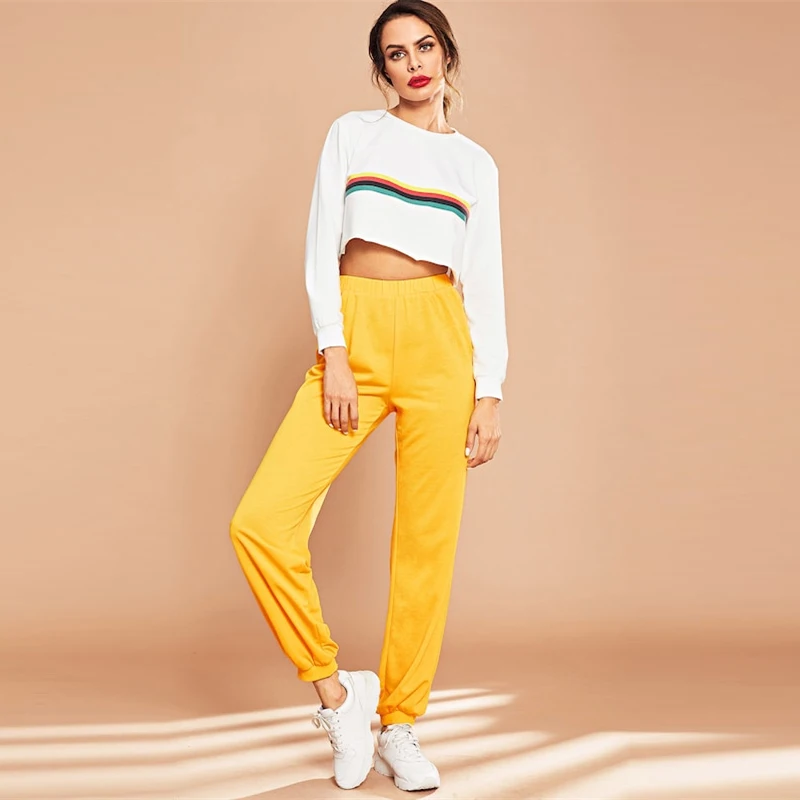 SHEIN Спортивные Брюки С Эластичной Талией Женские Желтые Повседневные Брюки С Высокой Талией