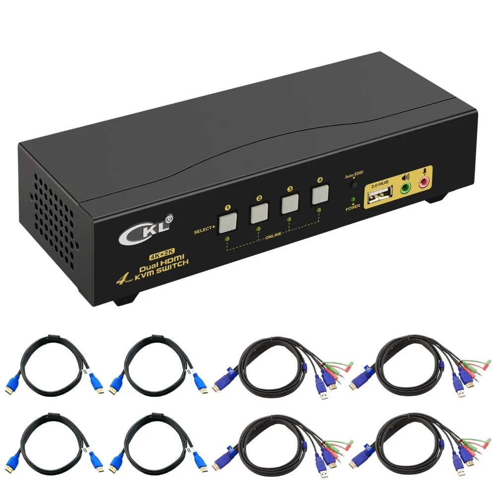 HDMI KVM Switch 4 Port Dual Monitor (Exetended Display), CKL HDMI KVM Switch Splitter 4 in 2 Out with Audio Microphone Output